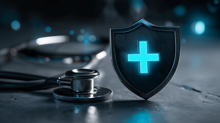 A futuristic digital shield with a stethoscope and medical cross symbol, glowing on a sleek gray background, representing healthcare technology.