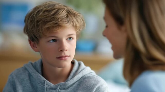 teenager with chronic condition talking to case manager in social services room support within complex healthcare network three quarter wide angle cinematic color correction gent