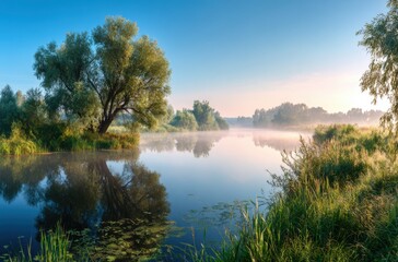 Fototapeta premium Serene Morning at a Tranquil Riverbank with Mist, Lush Greenery, and Reflections Under a Bright Blue Sky