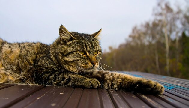 A tabby cat resting outdoors - Powered by Adobe