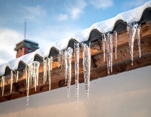 Icicles hanging from a snowy roof