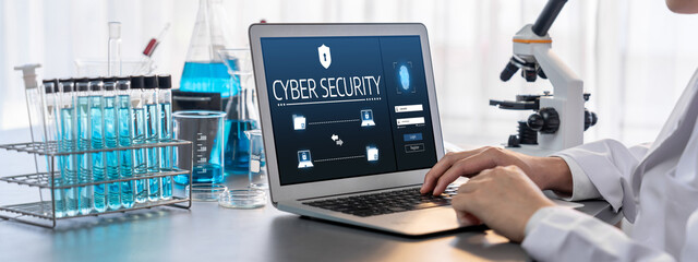 Cyber security system on computer screen protect private information brisk from hacker and cyber...