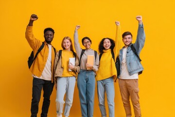 Obraz premium Diverse Group of Young People Celebrating Success and Friendship on Yellow Background.