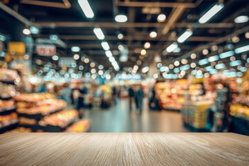 Obraz premium Empty wooden countertop with blurred background of busy supermarket interior showcasing vibrant shelves and shoppers under bright overhead lighting
