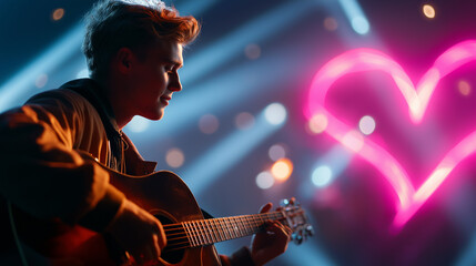 Obraz premium Young male country singer strumming a guitar on a vibrant festival stage, illuminated by cinematic neon lights, country music festival performance, young guitarist singer, neon spo