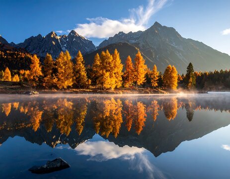 Autumn lake mirrored in the mountains - Powered by Adobe