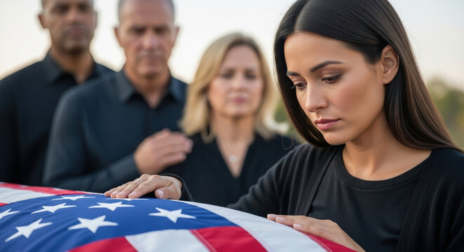Funeral scene shows sadness and mourning as woman touches American flag on casket. At funeral, bereaved family grieves loss of loved one, showing solemnity and respect.