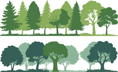 Obraz premium layered vector forest silhouettes with gradient green shades tree shapes for environmental and outdoor illustrations