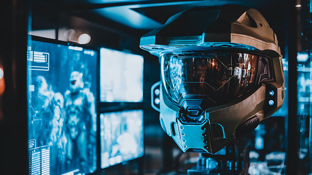 Futuristic helmet with reflective visor displayed in a high-tech control room with digital screens