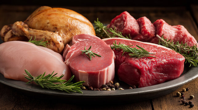 A fresh assortment of raw meat and poultry cuts arranged together, showcasing variety and texture for cooking preparation.