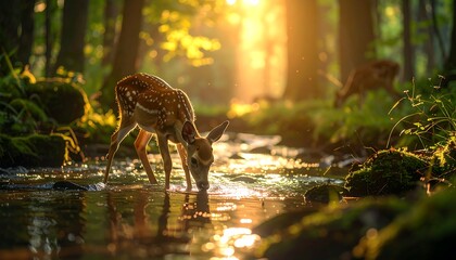 Fawn drinks at a stream in sunlit woods