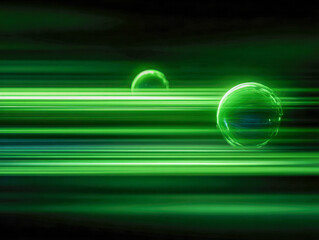 Futuristic glowing neon green spheres moving rapidly through dark space with streaks of light creating a dynamic abstract technology background design