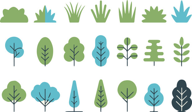 stylized plant and tree illustration set with bushes grass clumps and geometric foliage for nature design