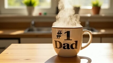 Image shows number one Dad mug with hot beverage steaming in kitchen, suggesting Father's Day celebration. The number one Dad design on mug represents love and appreciation,