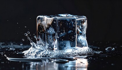 Icy cube, water splash on dark surface