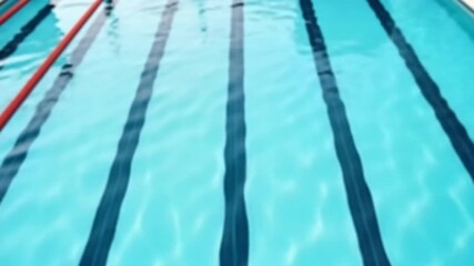 Swimming pool with blue water and dark lines forming lanes for swimmers. Swimming pool reflecting sunlight, water ripples and lane markers create dynamic patterns.