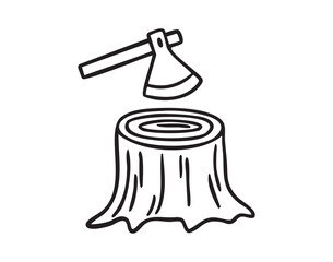 Tree stump with axe, hand drawn doodle, line art, monochrome, hand drawn