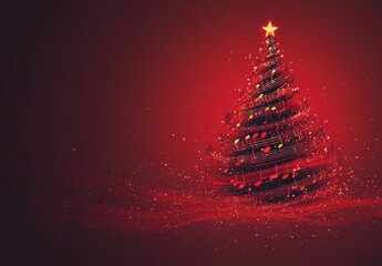 Festive Christmas tree made of musical notes on a vibrant red background with sparkling lights and a bright star on top, evoking harmony and celebration during the holiday season