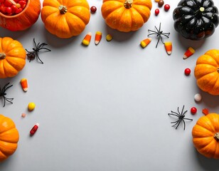 Halloween pumpkins and treats on gray