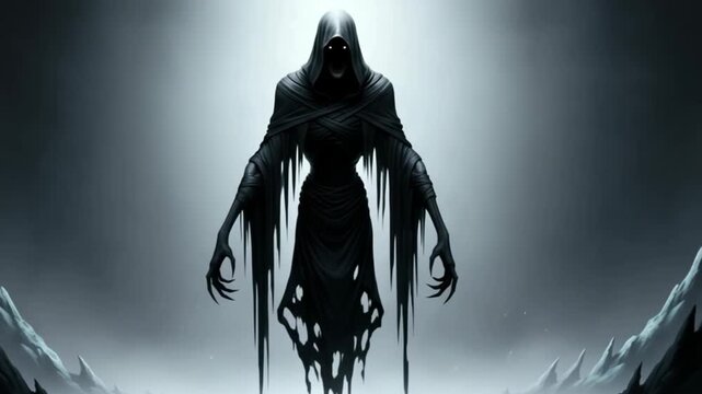 Colossal figure draped in black robes, rising in a fog-covered valley. The terrifying scale of colossal figure becomes apparent as camera moves upward, cold light glowing.