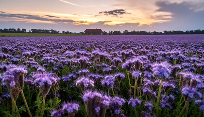 Vast field of purple wildflowers at sunset