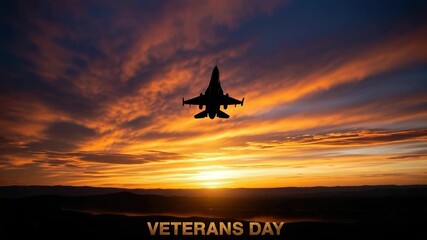 "Veterans Day" silhouette of fighter jet against a dramatic sunset sky. Honoring "Veterans Day", this powerful image captures the dedication and sacrifice of military personnel,