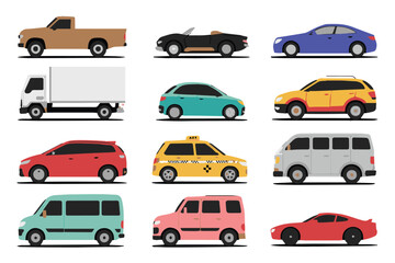 vector side profile vehicle collection with diverse cars trucks taxis suvs minivans for transport and automotive design