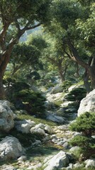 A sun-drenched woodland path winds through a valley filled with lush greenery and glistening rocks.