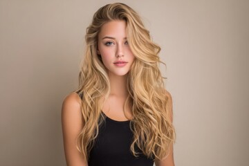 Fototapeta premium Beautiful young woman with long wavy blonde hair wearing a black sleeveless top.