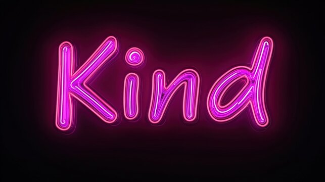 A neon sign illuminates the word Kind with a vibrant and inviting glow, set against a dark backdrop to emphasize its message. Stock Image.