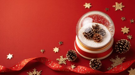 A Captivating Holiday Snow Globe Featuring Elegant Pinecones on a Festive Red Background Adorned with Golden Stars and Ribbons for the Christmas Season