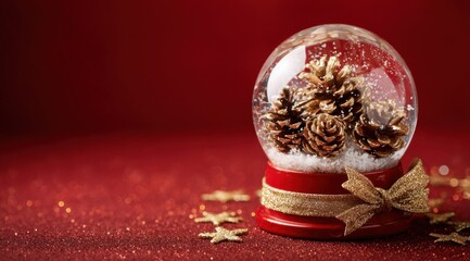 A Sparkling Christmas Snow Globe Displaying Pinecones and Glittering Stars on a Festive Red Background