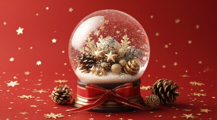 A Festive Snow Globe Capturing the Magic of Christmas with Glittering Stars, Pine Cones, and Gold Accents Against a Vibrant Red Background