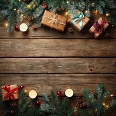 A Festive Arrangement of Christmas Gifts, Golden Candles, and Green Pine Branches on a Rustic Wooden Table with Twinkling Lights