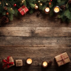 Rustic Christmas Decor with Green Pine, Candles, Wrapped Gifts, and Pinecones Against a Weathered Wooden Background