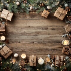 Festive Arrangement of Wrapped Gifts, Candles, and Natural Elements on Rustic Wooden Surface for Holiday Celebrations