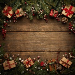 A Festive Arrangement of Christmas Gifts Surrounded by Pine Branches, Berries, and Holiday Decorations on a Rustic Wooden Table