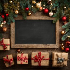 A Festive Holiday Scene Featuring a Rustic Picture Frame Surrounded by Colorful Ornaments, Presents, and Evergreen Decorations Exemplifying the Spirit of Celebration