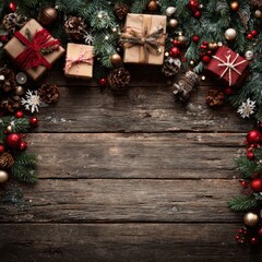 A Festive Arrangement of Christmas Gifts, Ornaments, and Greenery on a Rustic Wooden Table Capturing Holiday Cheer and Seasonal Spirit