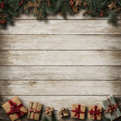 Rustic Wooden Background with Festive Decorations Featuring Pine, Berries, and Colorful Gift Boxes Perfect for Winter Celebrations