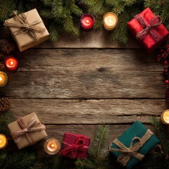 A Cozy Holiday Arrangement Featuring Wrapped Gifts, Candles, and Greenery Set Against a Rustic Wooden Background for Festive Celebrations