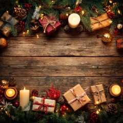 A Beautifully Decorated Holiday Table Display Featuring Festive Gifts, Candles, and Natural Greenery Inviting a Warm Christmas Atmosphere