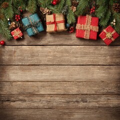 A Festive Arrangement of Pine Greenery, Colorful Gifts, and Christmas Decorations on a Rustic Wooden Background Capturing the Holiday Spirit
