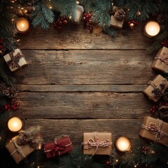 A Cozy Christmas Scene with Festive Decorations, Gift Boxes, Pine Branches, and Warm Candlelight Creating a Holiday Atmosphere of Joy and Togetherness