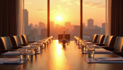 Empty boardroom table set for meeting at sunset. City skyline view through large window. Chairs, notepads, glasses of water suggest preparation for discussion, strategy, and decision making.