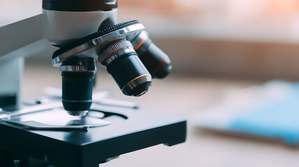 Close-up view of a laboratory microscope with multiple objective lenses and a specimen stage