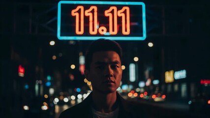 Singles Day celebration with stylish man standing under neon sign, 11.11 symbol, in city night lights. Singles Day event is here, featuring portrait of young adult under 11.
