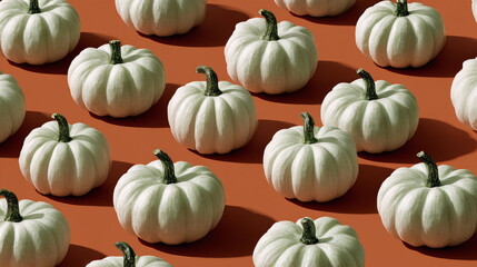 White pumpkins arranged on orange background with strong autumn contrast
