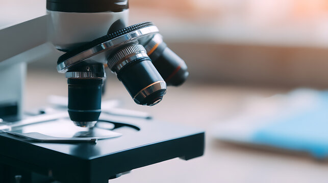 Close-up view of a laboratory microscope with multiple objective lenses and a specimen stage
