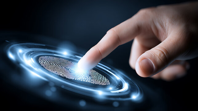 A finger interacts with a glowing fingerprint scan interface on a futuristic digital surface. - Powered by Adobe